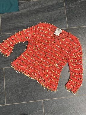 VINTAGE 3/4 sleeve beaded crochet top